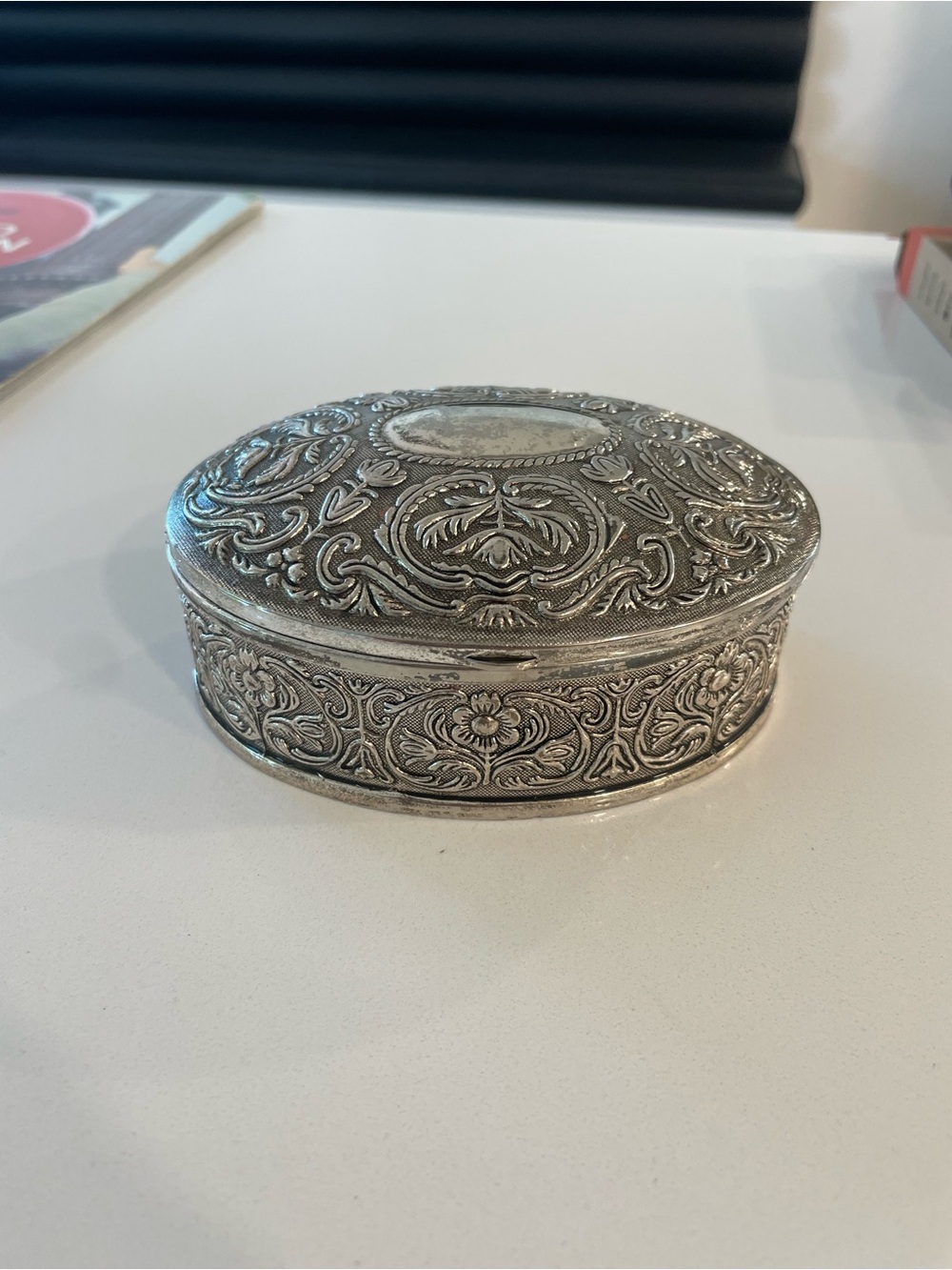 Ornate Vintage Metal Jewelry Trinket Box Silver Tone Black Velvet Interior